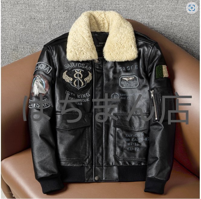 フライトジャケット メンズ ミリタリージャケット 空軍 カジュアル 牛革 本革 中綿 ウール 襟 革ジャン S~5XL 黒拍卖