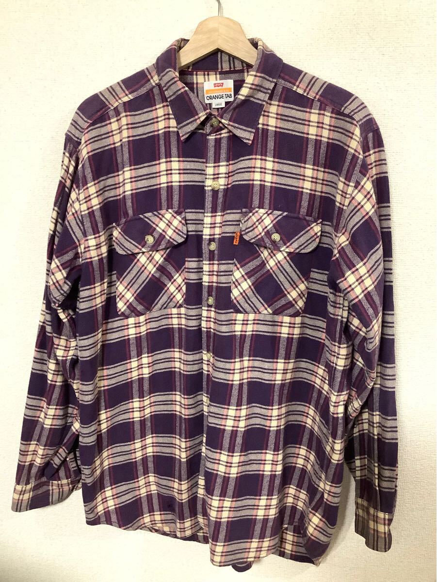 levi's リーバイス ORANGE TAB オレンジダブル チェック柄 ネルシャツ パープル カジュアル アメカジ メンズ 古着 L拍卖