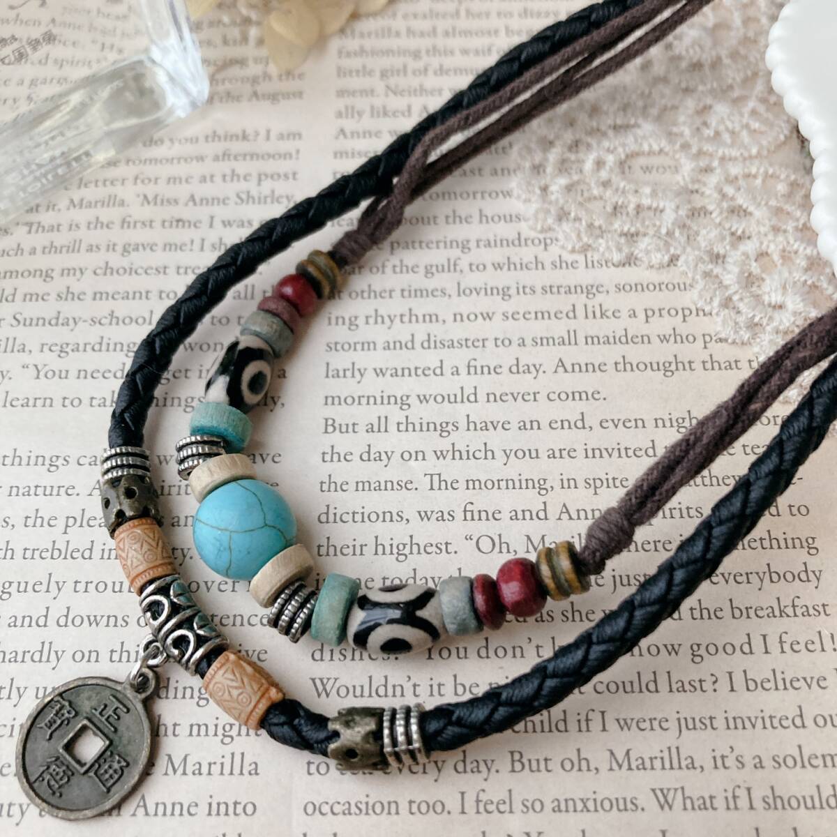 個性的 ネックレス ターコイズブルー レトロ ターコイズ風 ビーズ コイン 男女兼用 ヴィンテージ☆Vintage jewelry accessories R0159拍卖