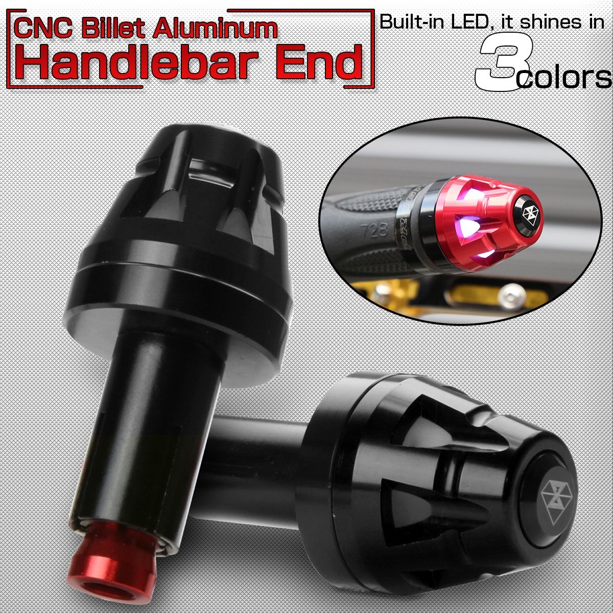 LED内蔵 CNC アルミビレット バーエンド キャップ ブラック ハンドル グリップエンド 内径13-20mm 3色発光 F-502BK拍卖