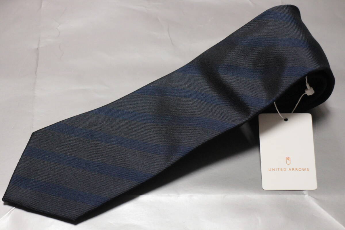 ユナイテッドアローズ新品ネクタイ超シック艶メランジグレー*ロイヤルブルーレジメンタル重厚ツイル織ブロックストライプ拍卖