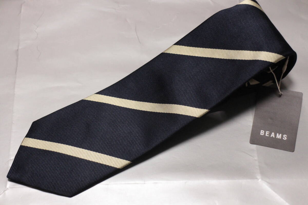 ビームス新品ネクタイ超艶美麗ネイビー*オフホワイトレジメンタル極上ツイル織バンカーストライプフルハンドメイド大人気柄拍卖
