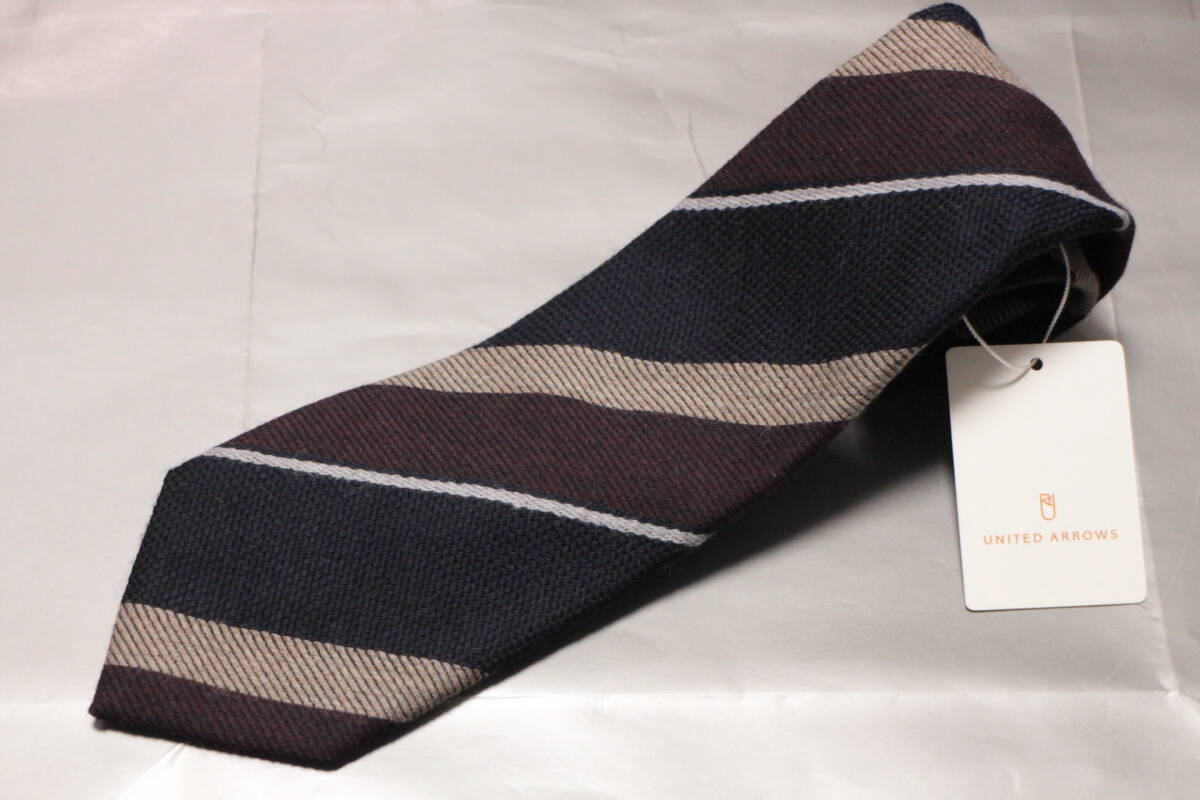 ユナイテッドアローズ*カネパ新品ネクタイ超シックネイビー*ブラウン*ベージュレジメンシルク混ウール織柄切返し段落ちワイドピッチ拍卖