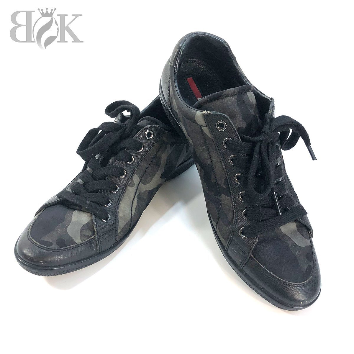 プラダ スポーツ ローカットスニーカー 3E5119 カモフラ柄 サイドロゴ カーキ×ブラック サイズ38 レディース 靴 シューズ PRADA 中古 ★拍卖