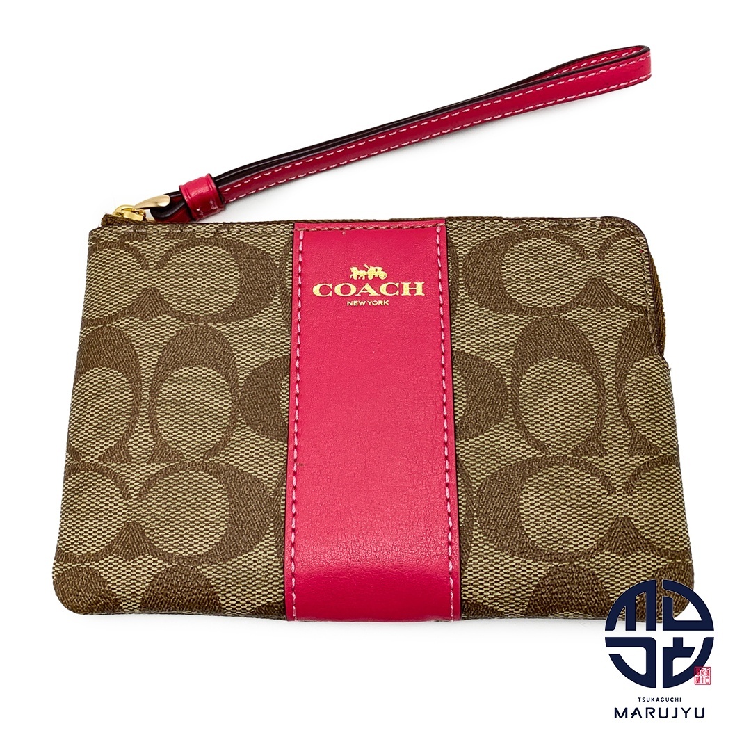 COACH コーチ シグネチャー ブラウン系 茶 ピンク コーナージップ リストレット ポーチ ブランド 小物 ※ポスト投稿でのご発送になります。拍卖