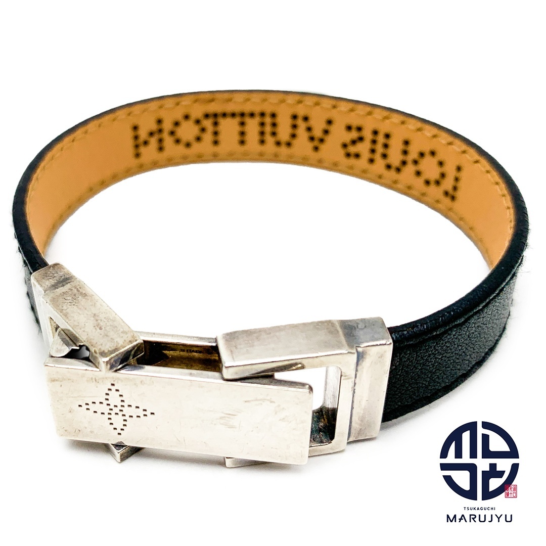 LOUIS VUITTON ルイヴィトン 黒 ブラック 925 SV シルバー ブランドロゴ パンチングレザー ブレスレット ジュエリー アクセサリー Mサイズ拍卖