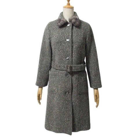 マーガレットハウエル 美品 ツイードコート カーキ グレー系 2 日本製 ウール100% ミンクファー ベルト付 MARGARET HOWELL ◆F11拍卖