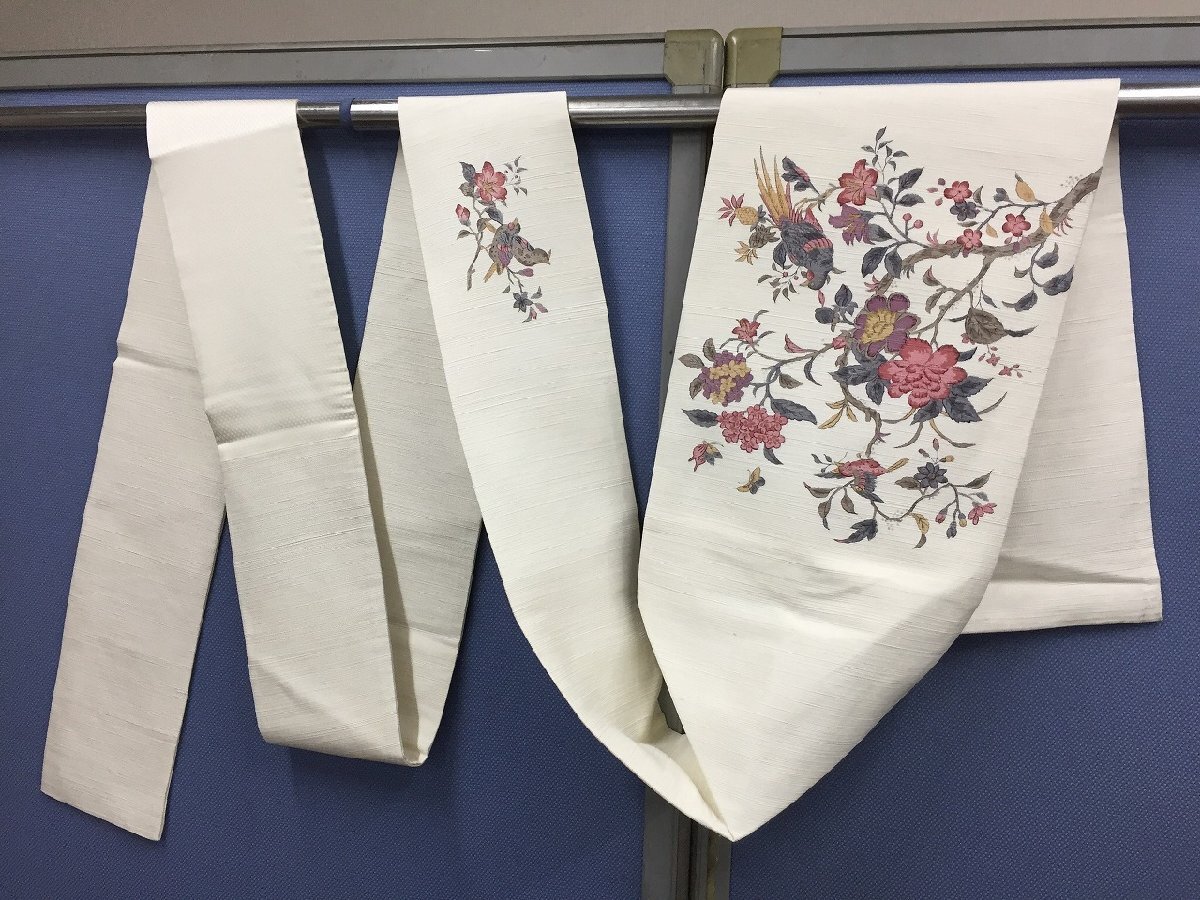 ◆リサイクル帯 袋帯 白花小鳥 訪問着 リメイク素材 着付 【D1022L8-2F-4】拍卖