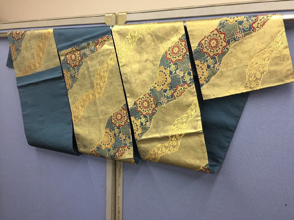 ◆リサイクル帯 青地金色 振袖 成人式 リメイク 着付け 【D1022L3-2F-4】拍卖