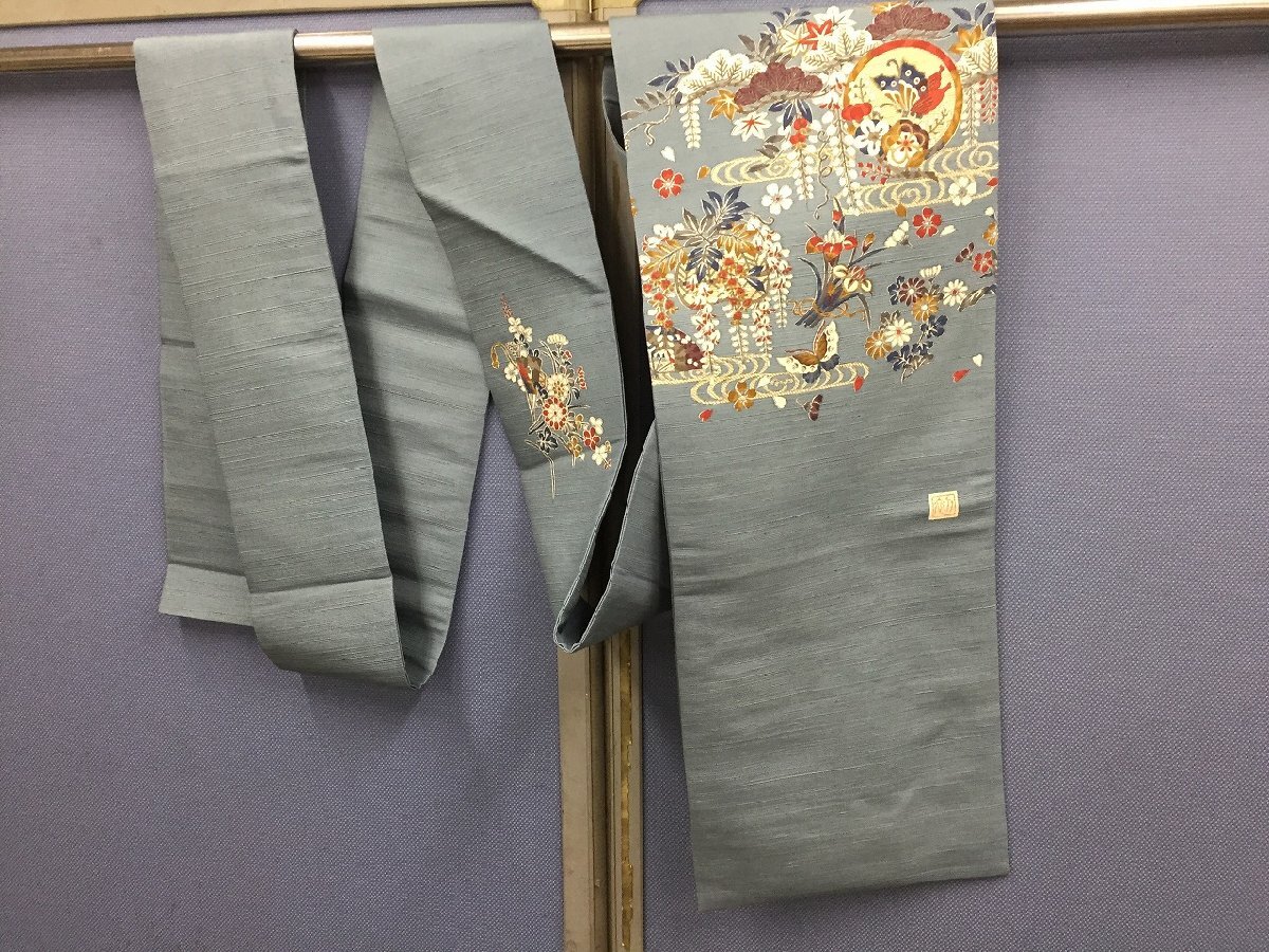 ◆リサイクル帯 蝶々花 豪華 落ち着いた緑色 裁縫リメイクなど【D1022L10-2F-4】拍卖