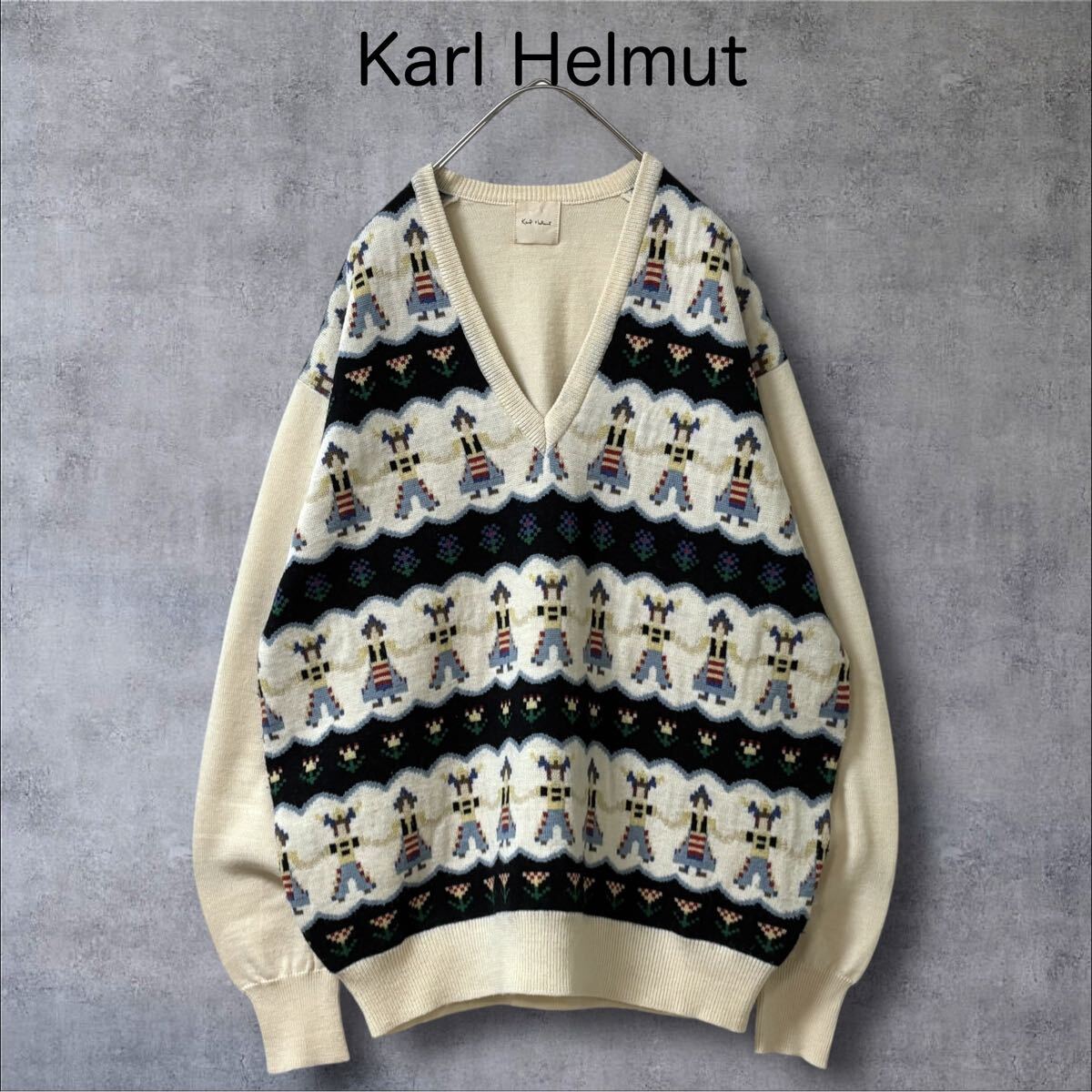 1483★貴重★Karl Helmut*カールヘルム ヴィンテージ ウールニット Vネック 80's カネコイサオ デザインニット セーター 古着 長袖拍卖