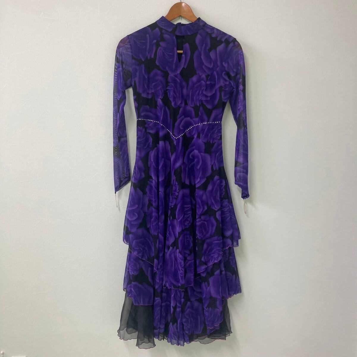 Prima boutique/ 長袖シフォンバラ柄ロングドレスワンピース パープル レディース F拍卖