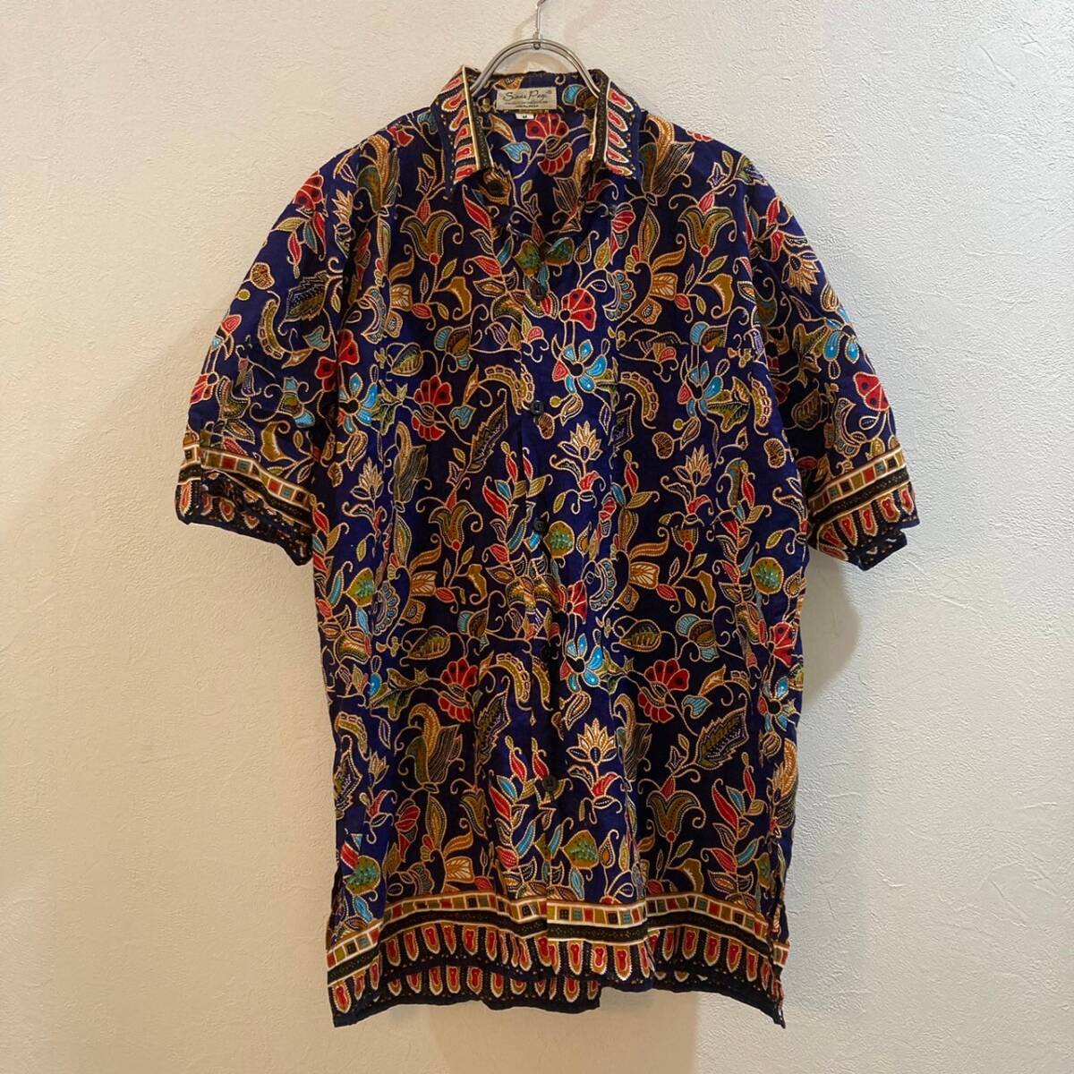 総柄デザインシャツ★Siaar Pagi/ 半袖 柄コットンシャツ ネイビー メンズ M 古着拍卖