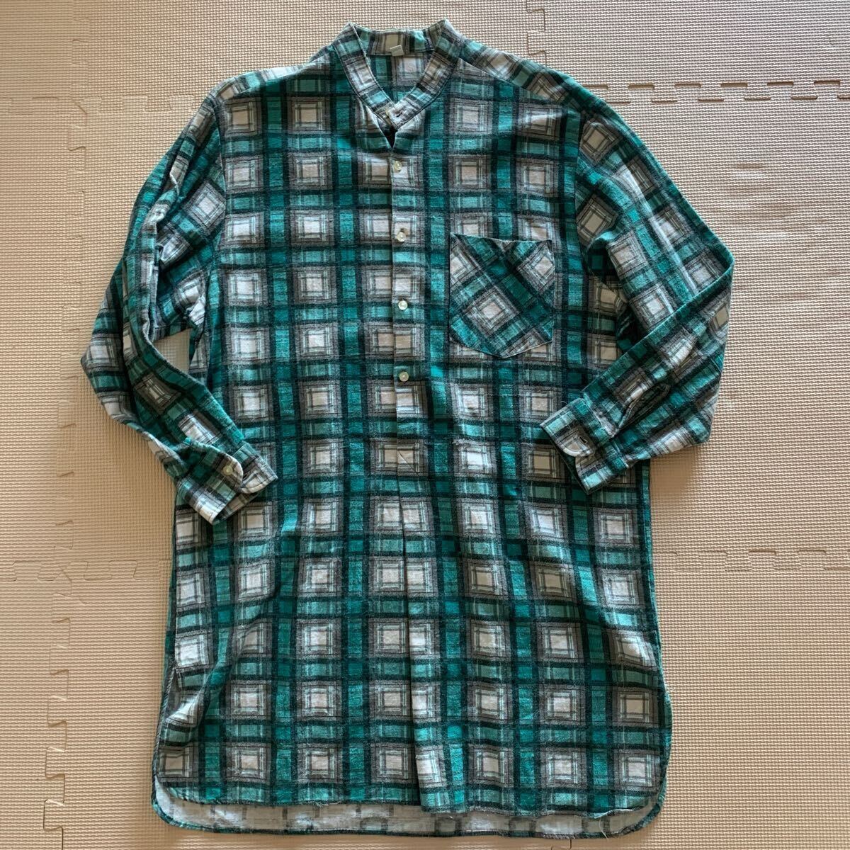 【Euro vintage】コットングランパシャツ ユーロビンテージ 45/46 チェック ノーカラー グリーン FRENCH WORK / フレンチワーク拍卖