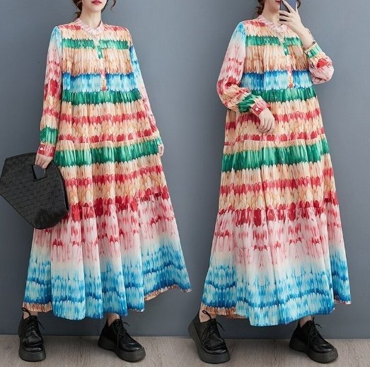 OHJ756★新作 フレア ワンピース 長袖 マキシ シャツワンピース きれいめ 大きいサイズ ロングワンピース プリント 体型カバー 上品 大人F拍卖