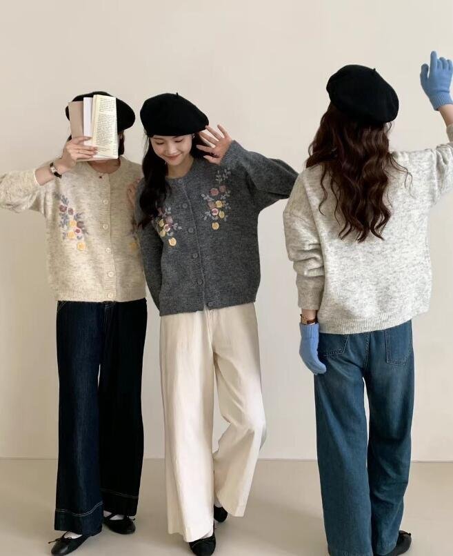 OHJ757★秋新品 人気ニット セーター カーディガン 大人可愛い 着映え おしゃれ レディース ゆったり チュニック ふわふわ 刺花柄3色拍卖