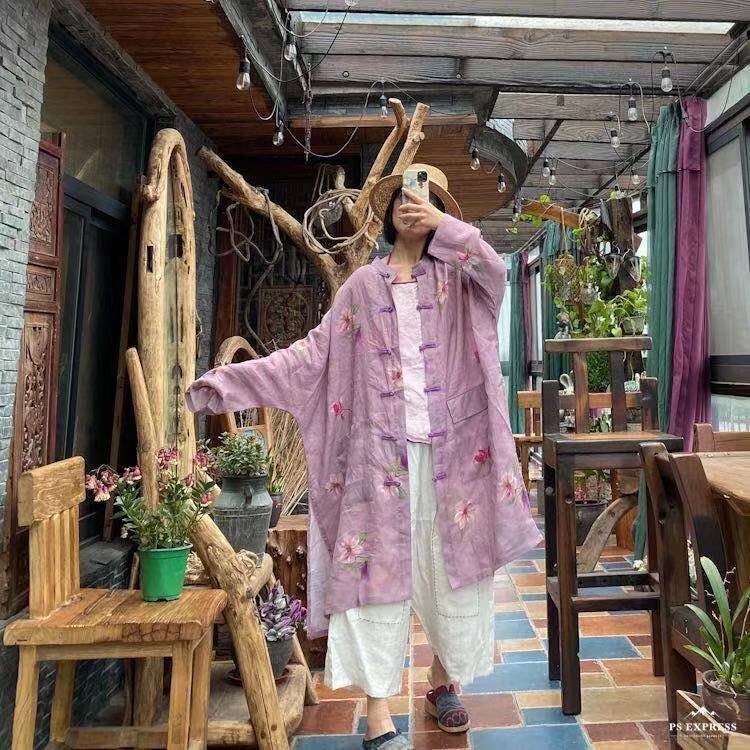 OHJ345★ロングカーディガン アンティーク風 洋服ミックス ロマンファッション ポップ 花柄 個性豊か パープル系 麻 リネン 薄手拍卖