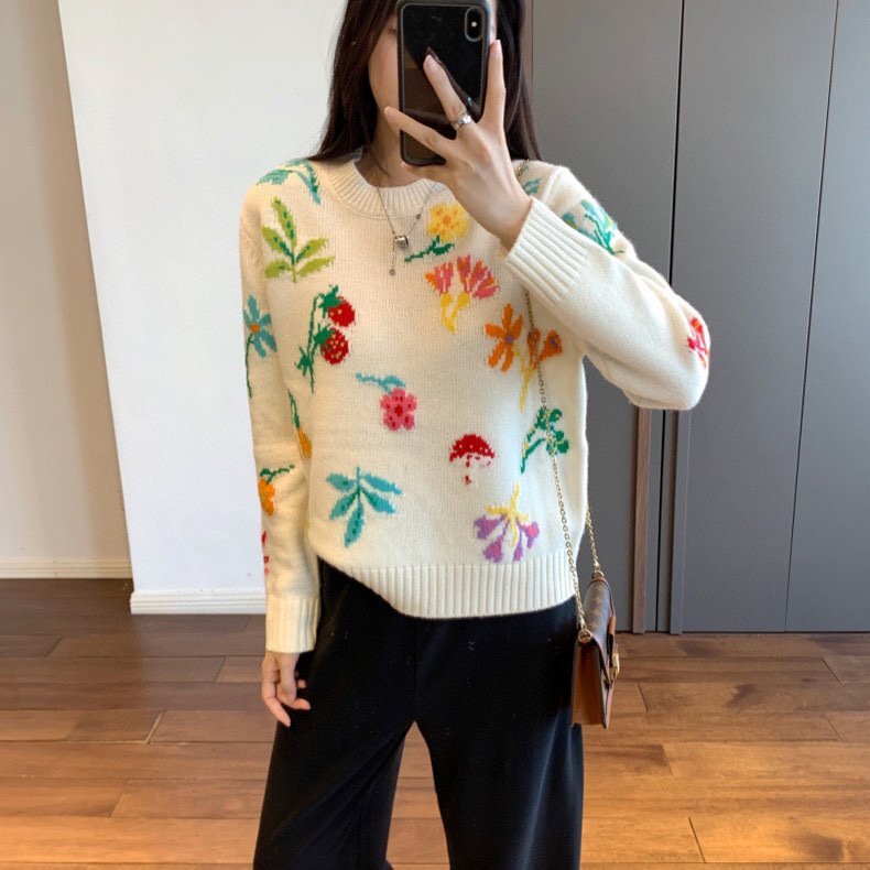 OHJ471★カシミヤ ニット 着映え セーター おしゃれ レディース チュニック ふんわり クールネック 織り込み花柄 ネイビー オフホワイト拍卖