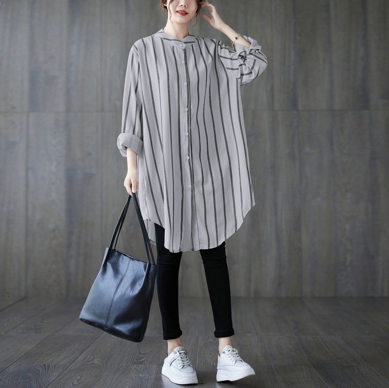 OHJ616★人気 お色選択可 レディース カジュアル ゆったり大きいサイズ 体型カバー ボーダー 長袖 シャツブラウスチュニック F 灰拍卖