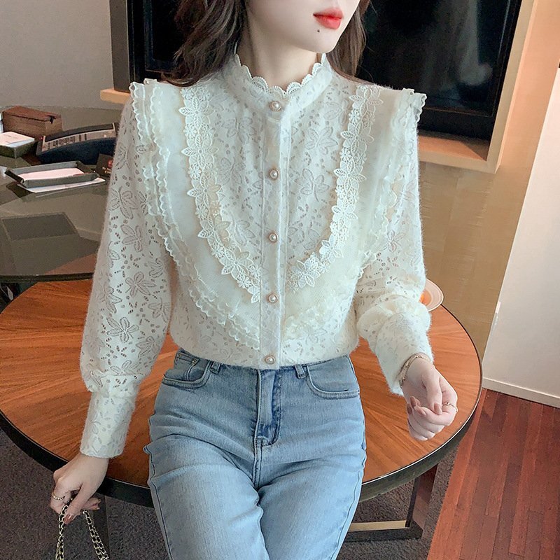 OHJ376★エレガント レースシャツブラウスレディーストップスフリル立ち襟女性らしい可愛い着痩せ長袖おしゃれ通勤オフィス サイズ選択可拍卖