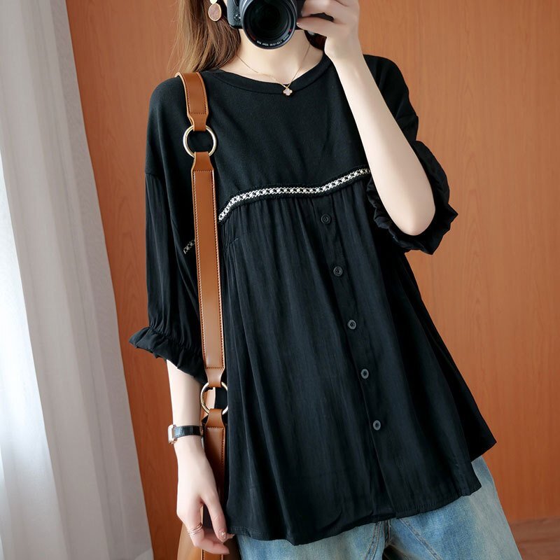 OHJ442★7分袖 無地 シャツ レディース トップス ブラウス tシャツ 夏 aライン チュニック 大きいサイズ 無地 切り替え 2色選択可拍卖