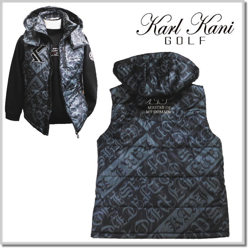 新品未使用! カールカナイゴルフ Karl Kani GOLF 撥水 総柄 高機能 中綿 ベスト 243KG1601-M フード着脱 キルトベスト拍卖