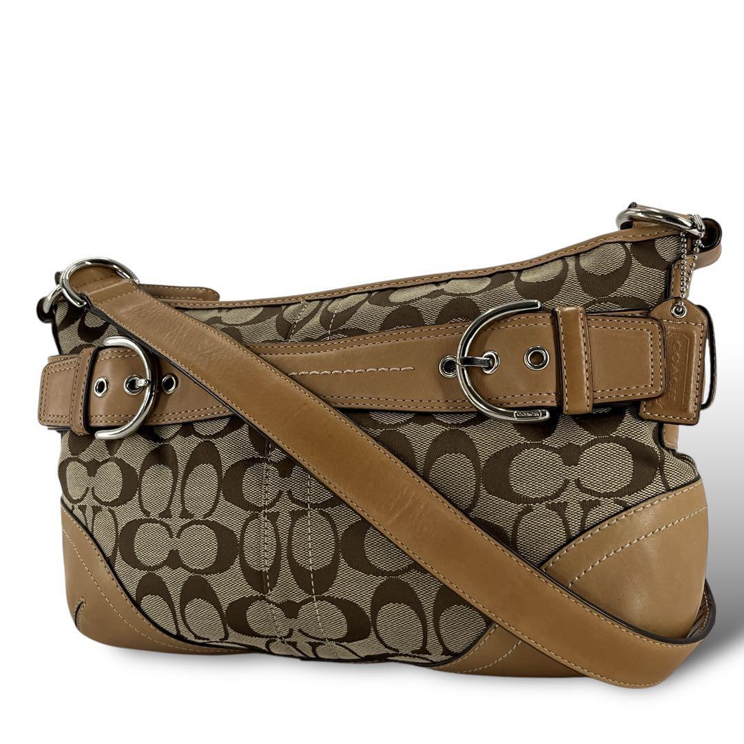 COACH コーチ ショルダーバッグ シグネチャー ブラウン キャンバス F07077 斜め掛け シルバー金具 ベージュ レザー拍卖