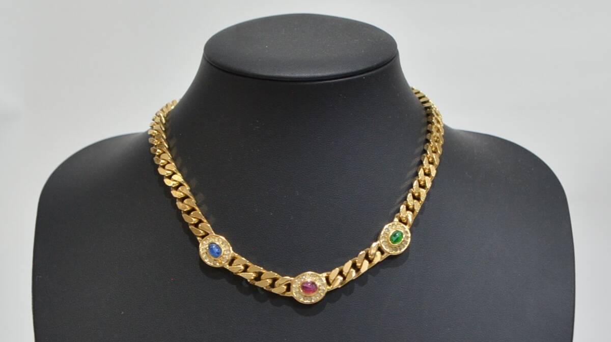 Christian Dior クリスチャンディオール ヴィンテージ マルチカラーストーン ラインストーン ゴールドネックレス Y-329044拍卖