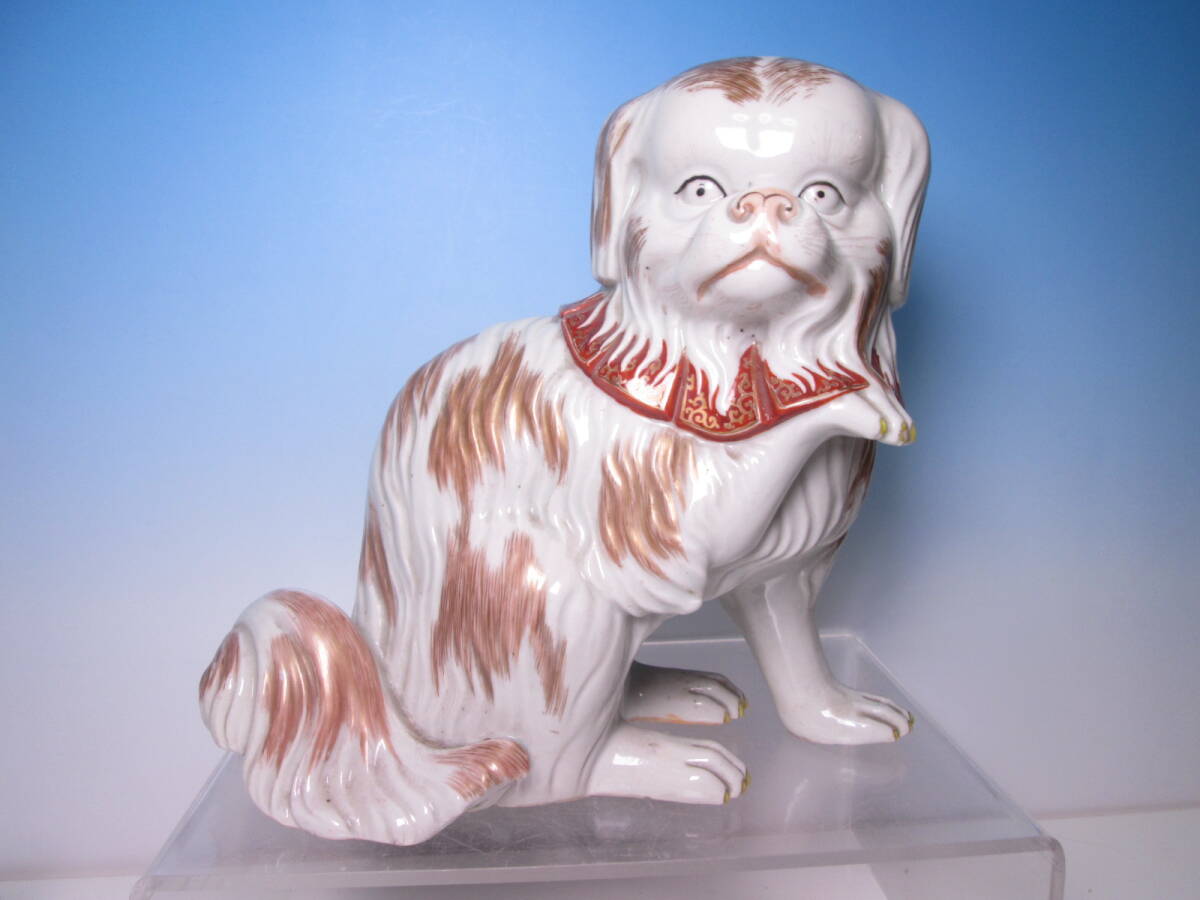 ☆お料理屋さんの店飾り 古い九谷焼 金彩色絵 チンの置物 H22cm 犬拍卖