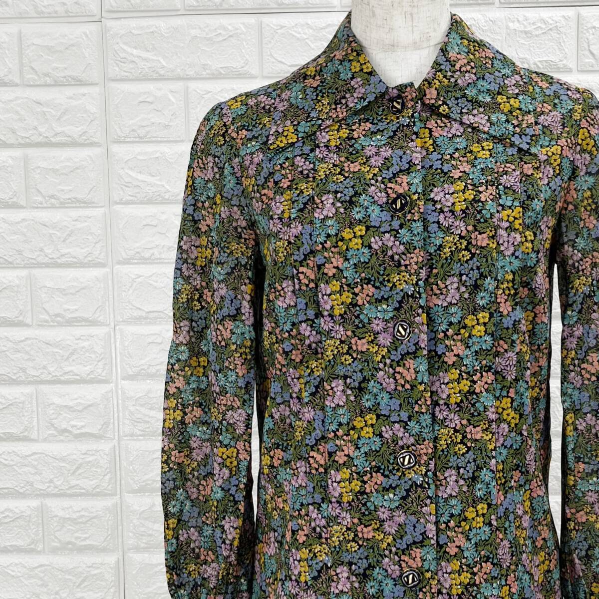 【A2478】 salon de chic サロンルシック ブラウス 花柄 レディース 長袖 レトロ感 ブラック×フラワー エレガント 春秋 Sサイズ拍卖