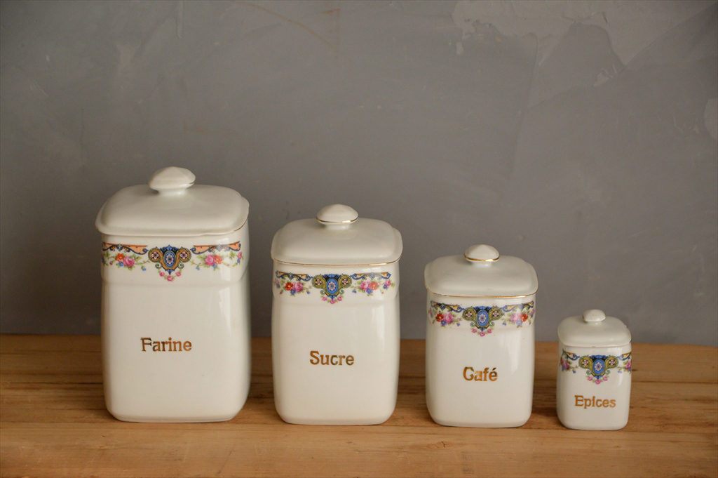 フランスアンティーク◇磁器製キャニスター4個/ポーセリン/オブジェ/容器/店舗什器/ディスプレイ/フレンチヴィンテージ/ビンテージ雑貨拍卖