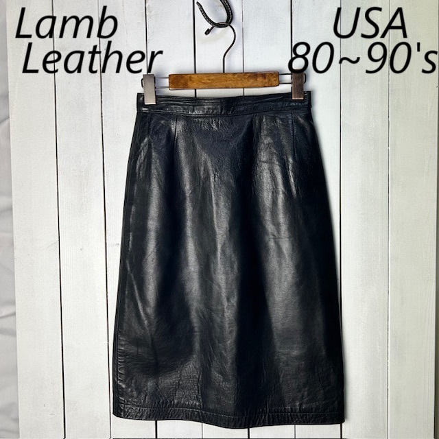 USA古着 80s~ USA製 本革 ラムレザー タイトスカート 2 黒 オールド ヴィンテージ アメリカ古着 ラムスキン 羊革 膝丈 XS~S ●387拍卖
