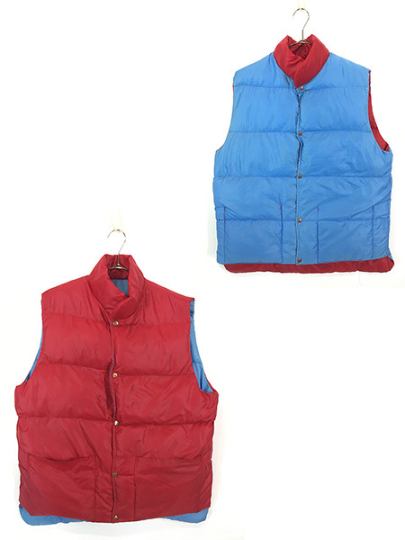 古着 80s USA製 Mountain Trails 赤×水色 軽量 ボリューム ダウン ベスト L 古着拍卖