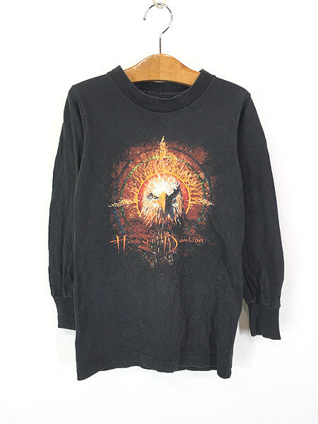 キッズ 古着 90s HARLEY DAVIDSON イーグル フェザー ファイヤー パターン 長袖 Tシャツ ロンT 6-8歳位 古着拍卖
