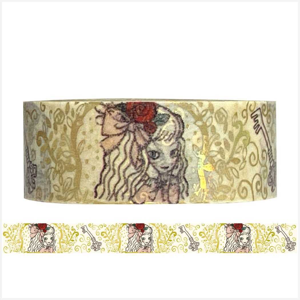 不思議なアリス マスキングテープ きらぴかマスキングテープ 15mm The tiny key シール堂印刷 ゴールドホログラム箔拍卖