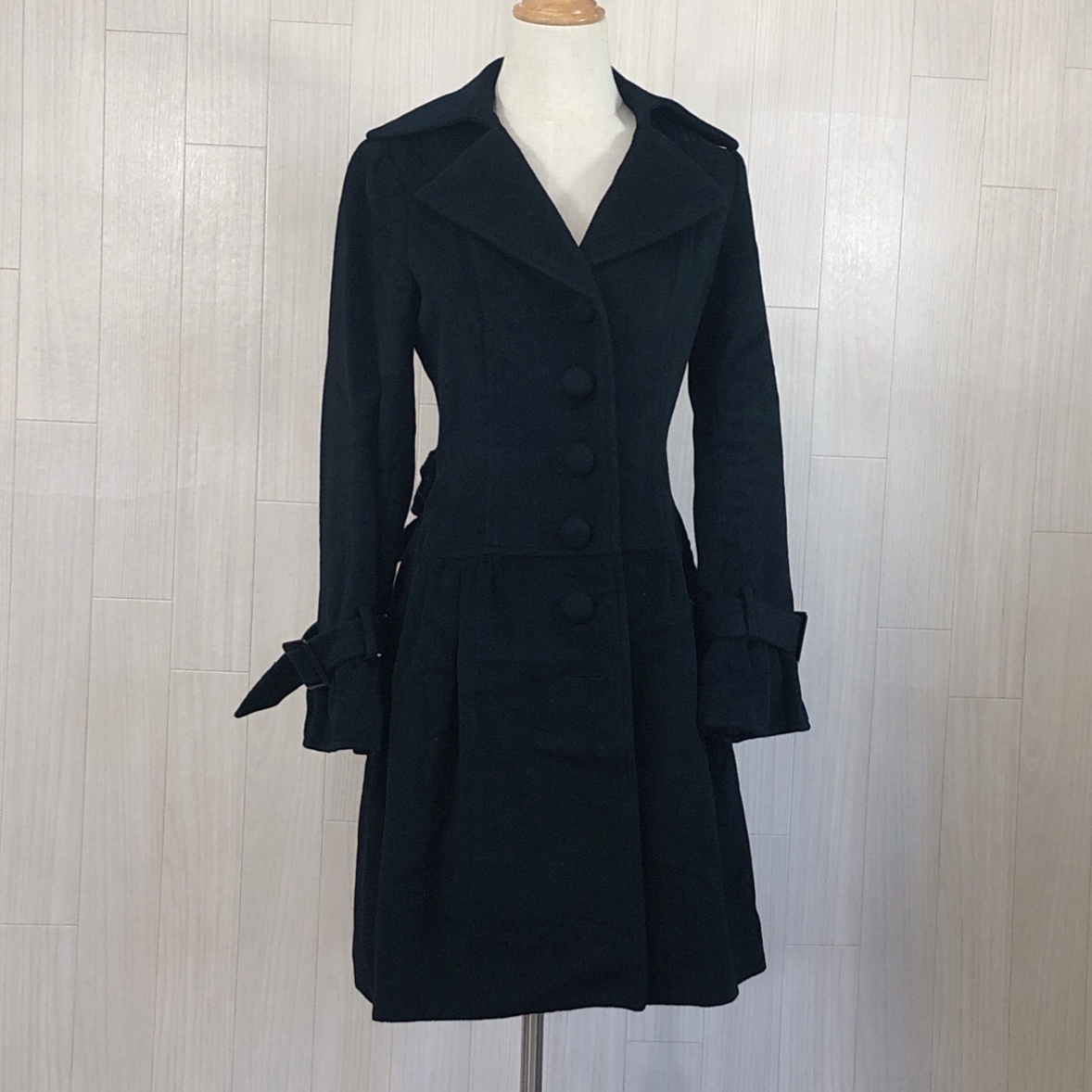 YZ0295 R・F アールエフ レディース アウター コート 長袖 サイドポケット 厚手 38サイズ Mサイズ 黒 無地 毛素材 アンゴラ 冬 あたたか拍卖