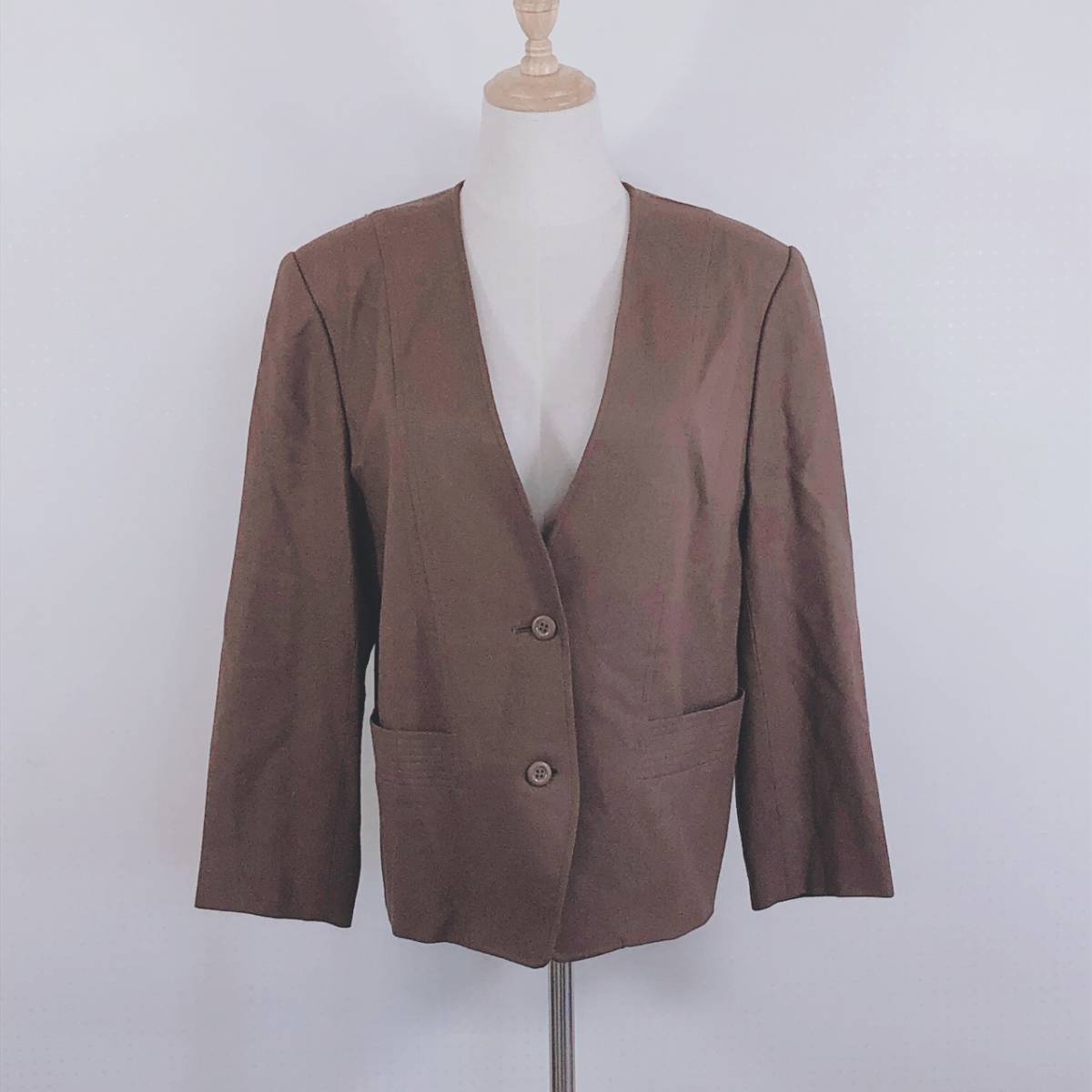 YZ0188 SAWADICA レディース アウター ノーカラージャケット 長袖 肩パッド 11号 Lサイズ ブラウン 茶 毛100% ウールマーク シンプル 春秋拍卖