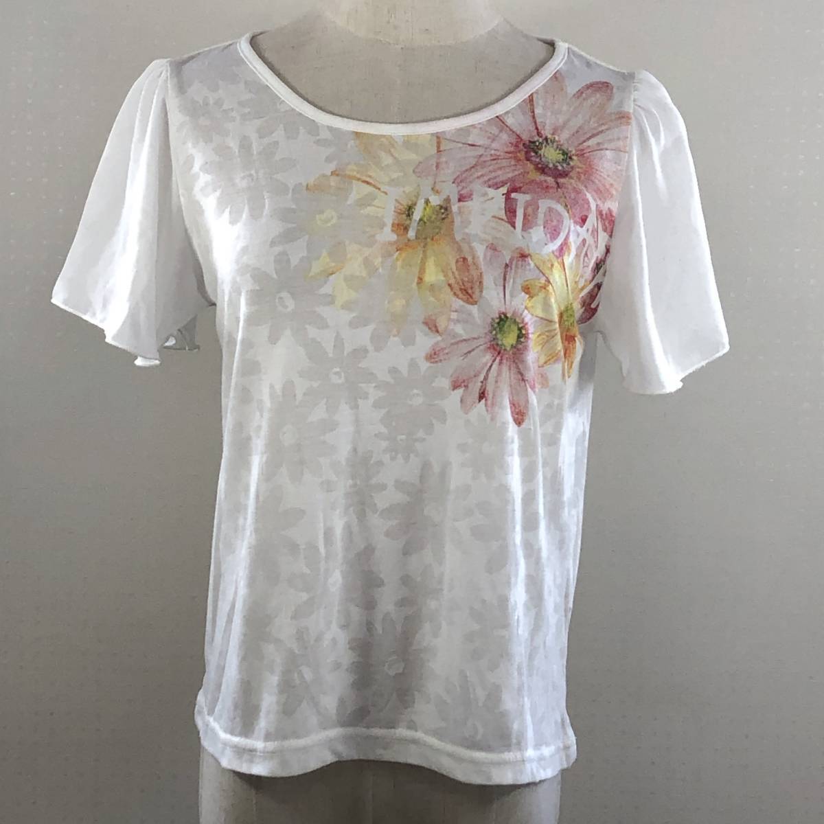 YZ0228 CLEF DE SOL クレドソル レディース トップス ブラウス Tシャツ 半袖 薄手 花模様シースルー Mサイズ 白 花柄 ボタニカル 涼しげ 夏拍卖