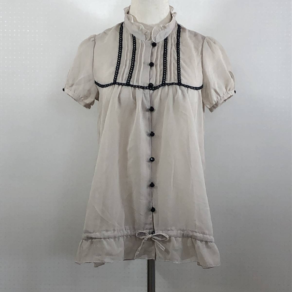 YZ0233 LHELBIE レルビエ レディース トップス ブラウス 半袖 薄手 シースルー フリル レース M ベージュ ドット 水玉 ガーリー キュート拍卖