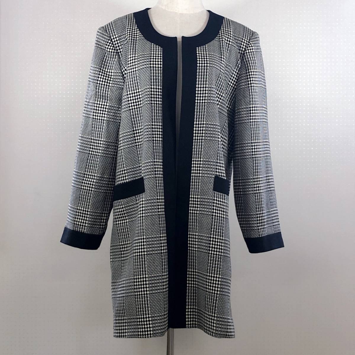 YZ0321 SANGLY レディースアウター長袖薄手肩パッドポケットサイズ17 黒灰 チェック柄 毛100% エレガント 春秋 日本製 シンプルカジュアル拍卖