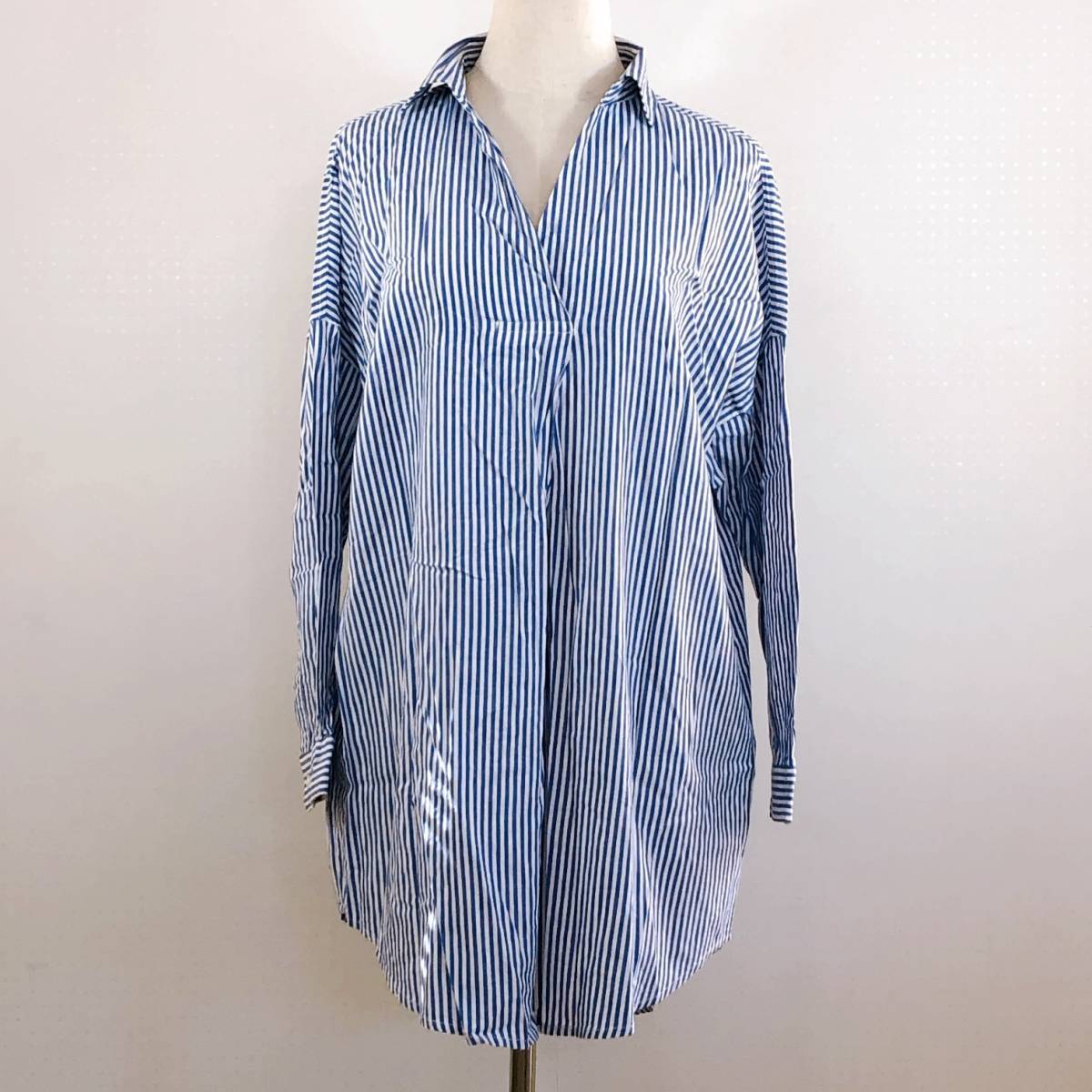 YZ0338 Denifits レディーストップスブラウス長袖薄手 Mサイズ 白 青 ストライプ柄 綿素材含 シンプル おしゃれ カジュアル 春夏拍卖