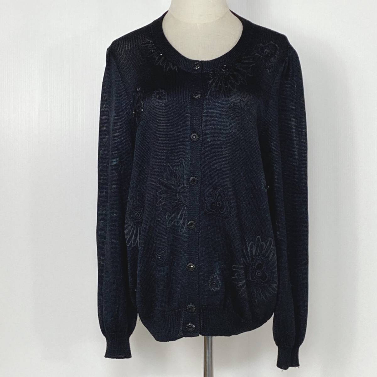 YZ0726 美品 レディース 花刺繍 ビーズ ニットカーディガン 長袖 ブラック 昭和レトロかわいい上品カジュアルコーデ 薄手ニット USED 古着拍卖