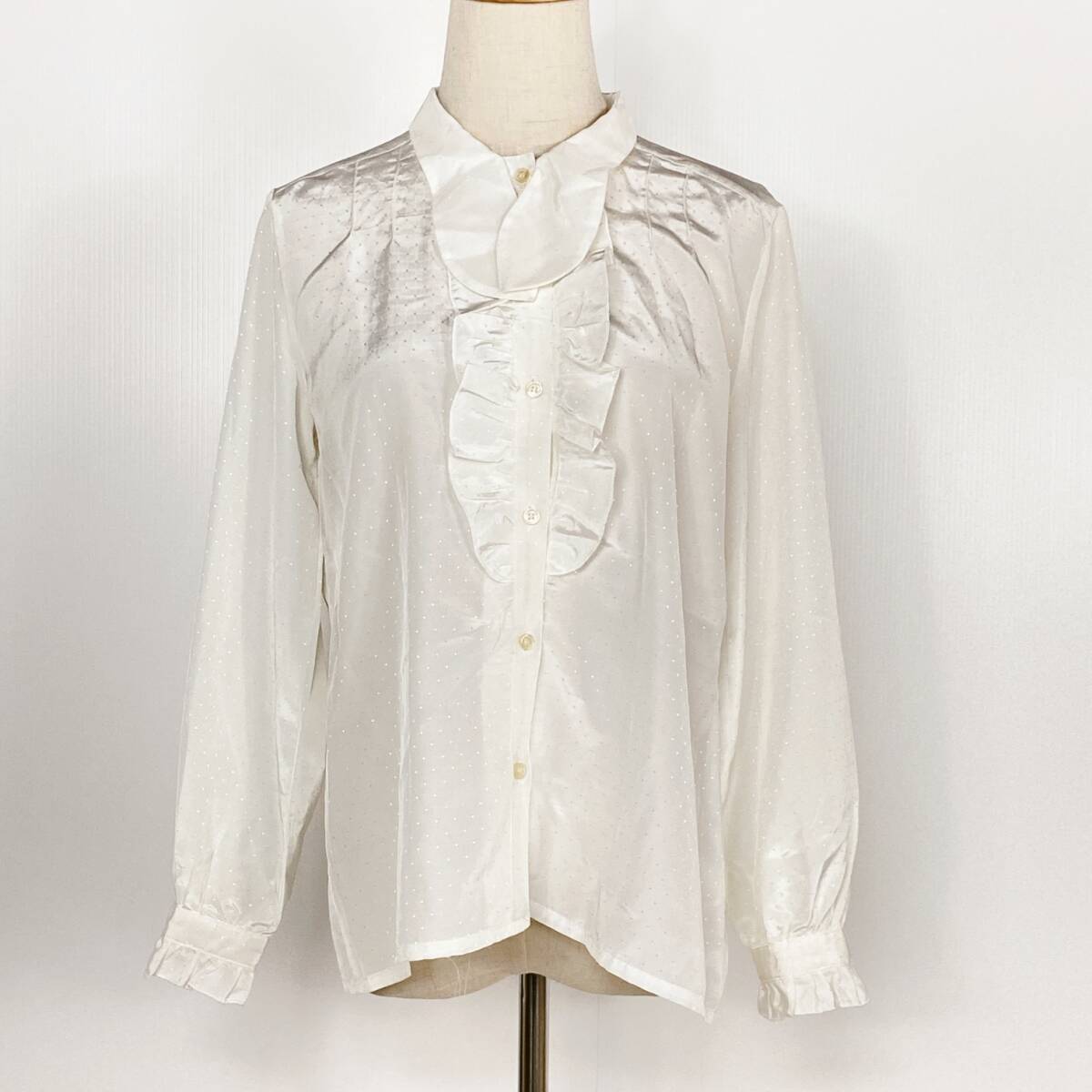 YZ1199 Crelion レディース ボウタイ付 ブラウス 長袖 ドット柄 ホワイト 万能 かわいい お洒落 インナー オフィススタイル USED 古着拍卖