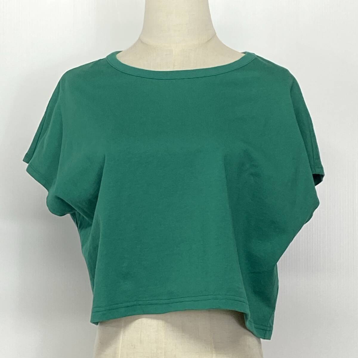 YZ1482 美品 GU ジーユー レディース ショート丈 Tシャツ Lサイズ 無地 グリーン コットン100% 万能 夏 カジュアル シンプルコーデ USED拍卖