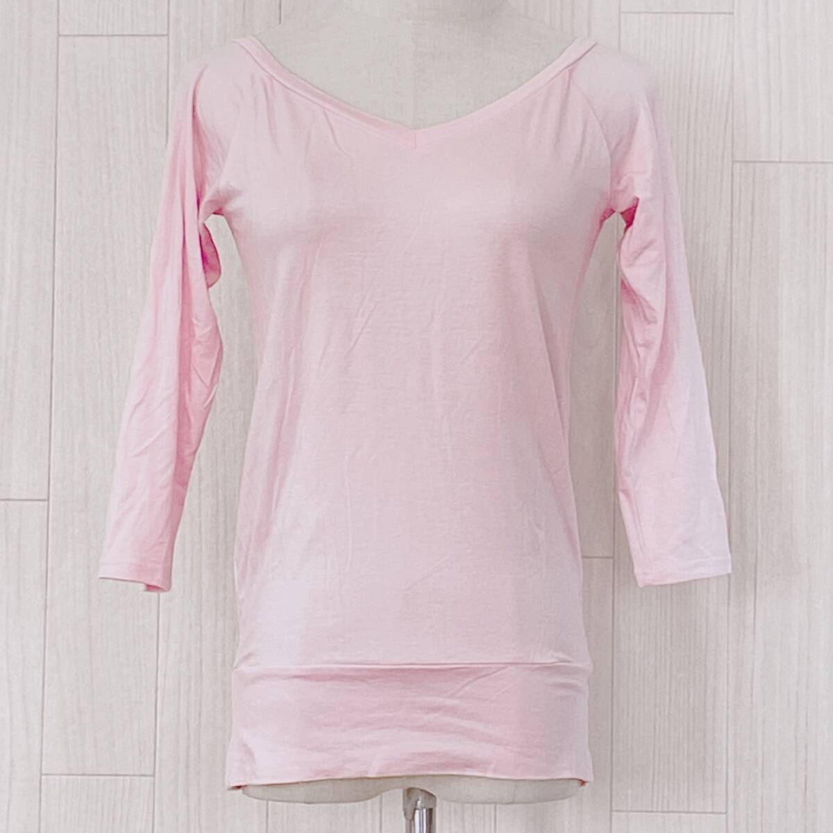 YZ1529 CECILMcBee セシルマクビー レディース 七分丈 Vネック カットソー トップス Mサイズ 薄手 ライトピンク 万能 カジュアル シンプル拍卖