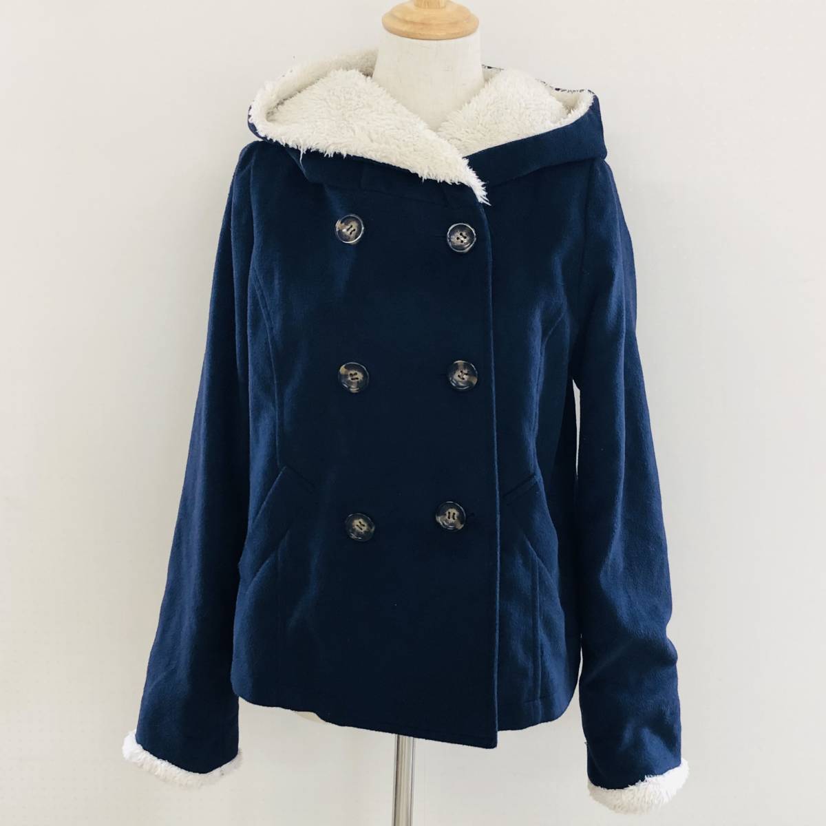 YAS0057 JINTY ジンティー レディース ピーコート ショート丈 M ネイビー 紺 無地 かわいい 冬 シンプル カジュアル フード付き あたたか拍卖