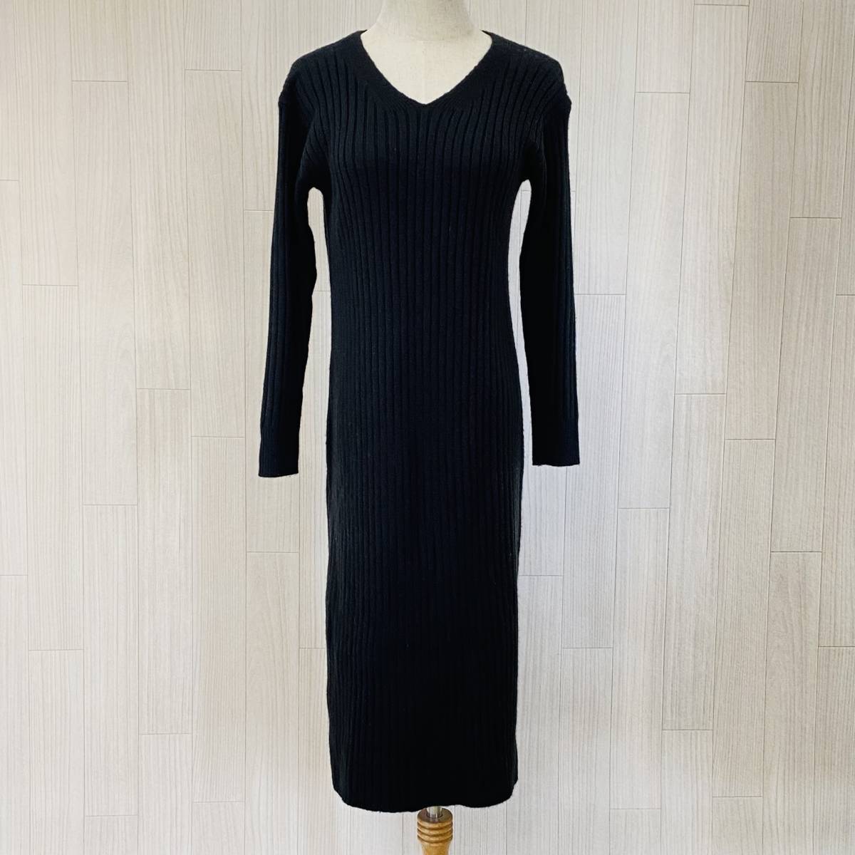 YAS0089 美品 UNIQLO ユニクロ レディース ニットワンピース 長袖 スリット Vネック S ブラック 黒 無地 アクリル シック エレガント 秋冬拍卖
