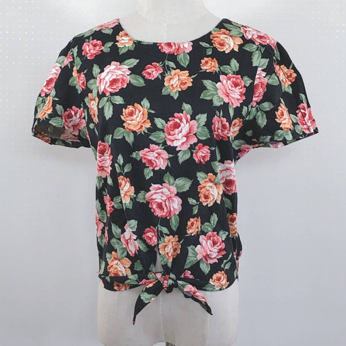 YAS0708 NATURENOAH ナチュールノア レディース トップス ブラウス 半袖 9号 Mサイズ ブラック 黒 ピンク 桃 オレンジ 橙 花柄 綿100% 夏拍卖