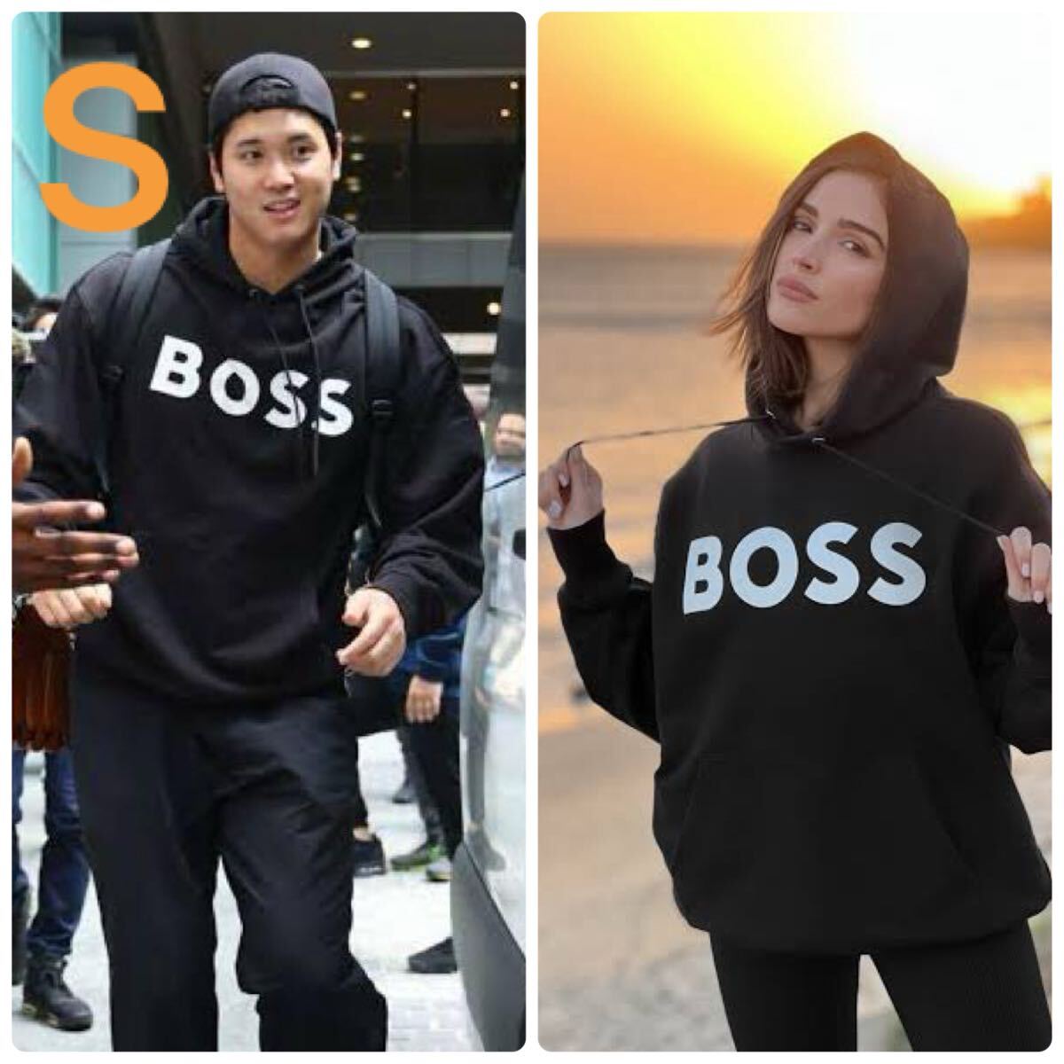 新品タグ付き【大谷選手着用モデル】BOSS パーカー 黒 S 男女兼用可 プルオーバー ロゴ スウェット ブラック ロゴ プルオーバー 拍卖