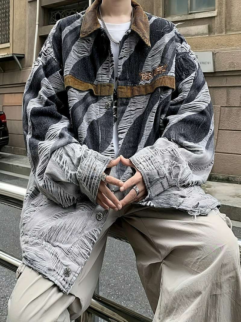 ド派手 ゼブラ柄風ダメージ加工 デニムジャケット 035 グレー 上着 ストリート ヤクザ ヤンキー オラオラ ホスト 服 メンズ ファッション拍卖